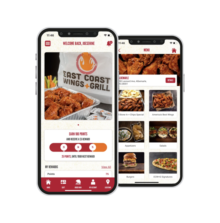 East coast wings app on a mobile device